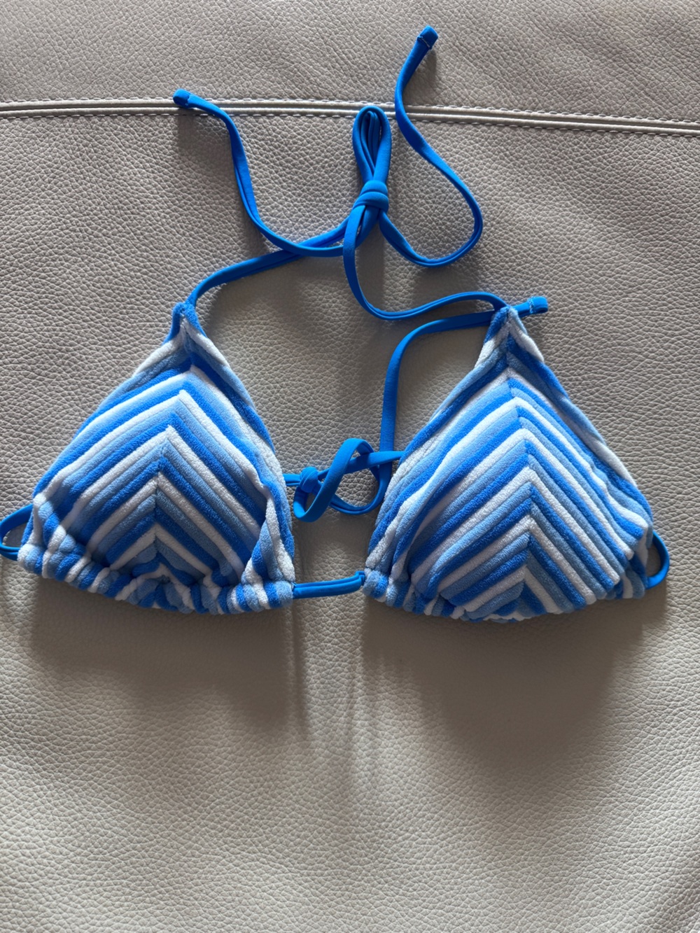 Women’s NWT Blue and White Striped Terry Triangle Bikini Top - size L